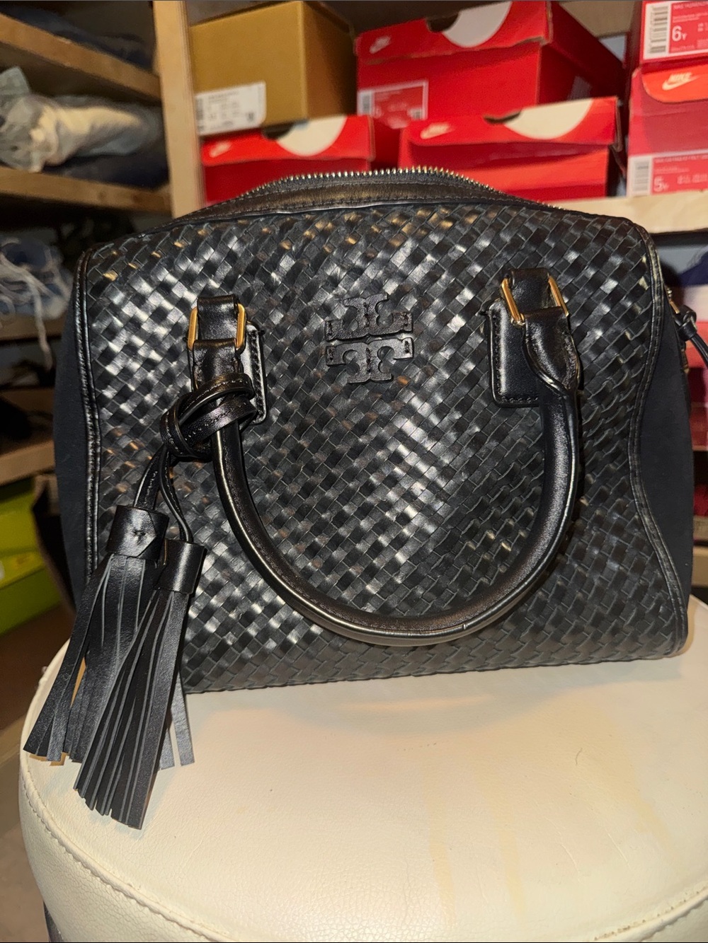Tory Burch Black Woven Leather Satchel with Tassel Accent